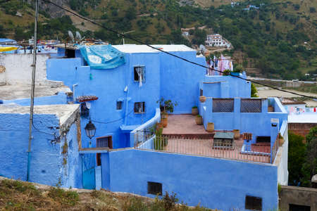 CHEFCHAOUEN, MOROCCO - MAY 28, 2017: View of the blue walls of old buildings of Chaouen. The city is noted for its buildings in shades of blue and that makes town very attractive to visitors.のeditorial素材