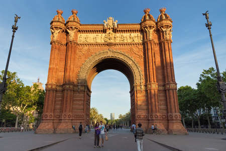 BARCELONA, SPAIN - MAY 15, 2017: View of the The Arc de Triomf. It was built by architect Josep Vilaseca i Casanovas for the 1888 Barcelona World Fair. The arch is built in reddish brickwork.のeditorial素材