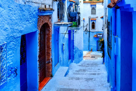 CHEFCHAOUEN, MOROCCO - MAY 28, 2017: View of the blue walls of Medina in Chaouen. The city is noted for its buildings in shades of blue and that makes Chefchaouen very attractive to visitors.のeditorial素材