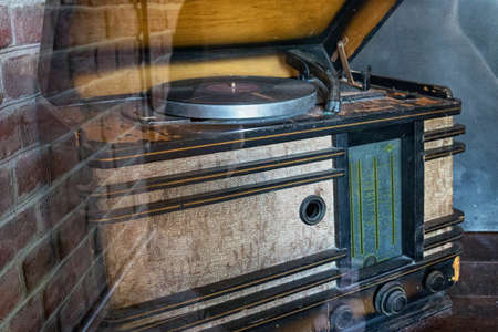 GDANSK, POLAND - MAY 14, 2017: Vintage gramophone as part of the exhibition in the open museum in the historical fortifications on the Gradowa Mountain.のeditorial素材