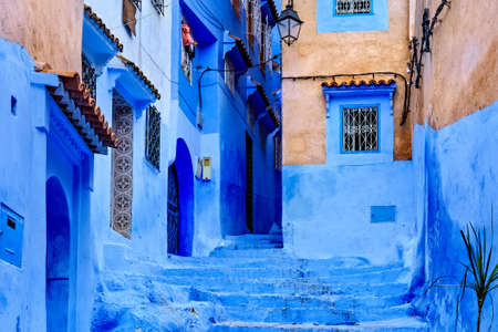 View of the blue walls of Medina quarter in Chefchaouen, Morocco. The city, also known as Chaouen is noted for its buildings in shades of blue and that makes Chefchaouen very attractive to visitors.のeditorial素材