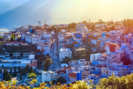 Aerial view of Chefchaouen in Morocco. The city is noted for its buildings in shades of blue and...