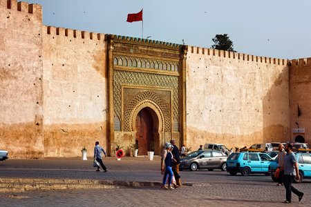 MEKNES, MOROCCO - JUNE 01, 2017: Gate in the old wall near Bab Mansour Gate in Meknes. Meknes is one of the four Imperial cities of Morocco and the sixth largest city by population in the kingdom.のeditorial素材