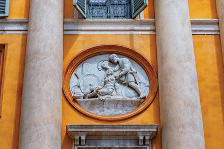 BERGAMO, ITALY - MAY 22, 2019: Bas-reliefs on one of the historic buildings in Upper Bergamo (Citta...