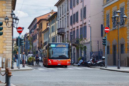 BERGAMO, ITALY - MAY 22, 2019: Public bus (Treviolo route) in historical part of Bergamo.