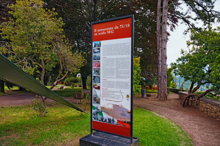 BERGAMO, ITALY - MAY 22, 2019: Information stand in the park of the Fortress of Bergamo (Rocca di Bergamo).のeditorial素材