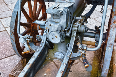 BERGAMO, ITALY - MAY 22, 2019: Old cannon weapon in the park of the Fortress of Bergamo (Rocca di Bergamo). The Museum at the Rocca di Bergamo is part of the Bergamo History Museum.のeditorial素材
