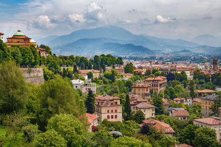 Aerial view of the old town Bergamo in northern Italy. Bergamo is a city in the alpine Lombardy region.