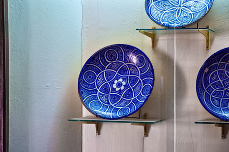 FEZ, MOROCCO - JUNE 02, 2017: Ancient plates in the Dar Batha. The former royal palace, was built by the Alaouite Sultan Hassan I in the 19th century, now a museum of art, ethnography and culture.のeditorial素材