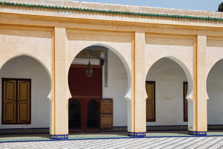 FEZ, MOROCCO - JUNE 02, 2017: The courtyard of the Dar Batha. The former royal palace, was built by...