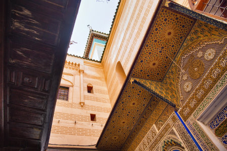 FEZ, MOROCCO - JUNE 02, 2017: Walls decorations of the Zawiya of Moulay Idris II (with the tomb of...