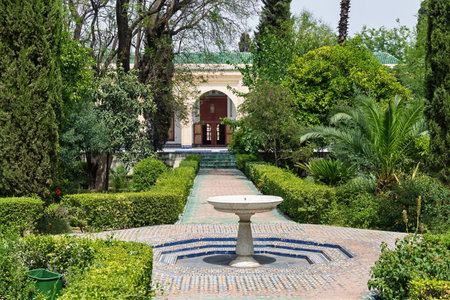 FEZ, MOROCCO - JUNE 02, 2017: The garden in the Dar Batha. The former royal palace, was built by the Alaouite Sultan Hassan I in the 19th century, now a museum of national art, ethnography and culture.のeditorial素材