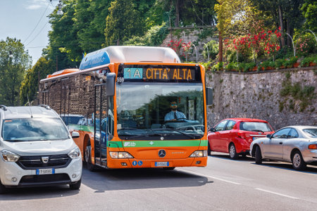 BERGAMO, ITALY - MAY 22, 2019: Public bus (1A Citta Alta route) on the road in Bergamo.のeditorial素材