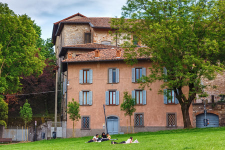 BERGAMO, ITALY - MAY 22, 2019: View of the old residential historical buildings in Upper Bergamo (Citta Alta).のeditorial素材