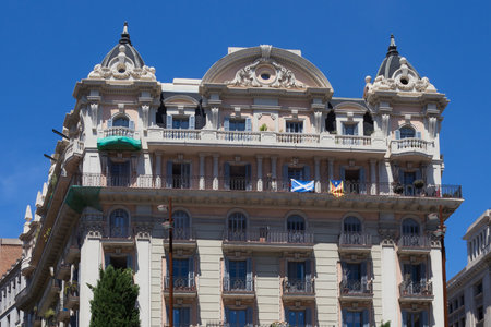 BARCELONA, SPAIN - MAY 15, 2017: One of the old historical buildings in modern style in the center of Barcelona in sunny day.のeditorial素材