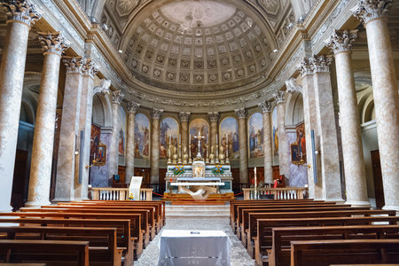 BERGAMO, ITALY - MAY 22, 2019: Main altar in the Neoclassic Sant'Andrea church in Bergamo. The church rebuilt by Ferdinando Crivelli in 1837.のeditorial素材