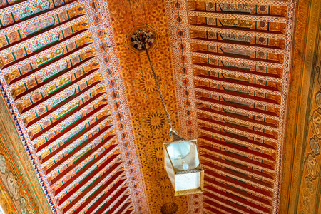 MARRAKESH, MOROCCO - JUNE 05, 2017: Decorated ceiling in the The Bahia Palace. Is a late 19th century palace in Marrakesh. Today it is a well-known historic monument and tourist attraction in the cityのeditorial素材
