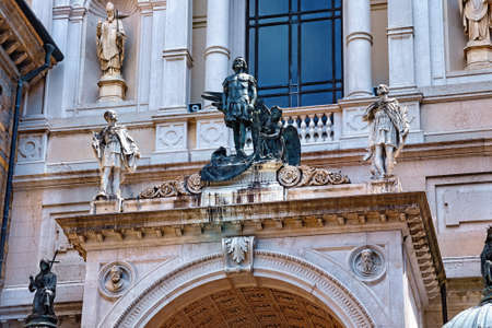 Bronze sculpture of Saint Alexander (patron of the Bergamo city) on the Roman Catholic Bergamo...