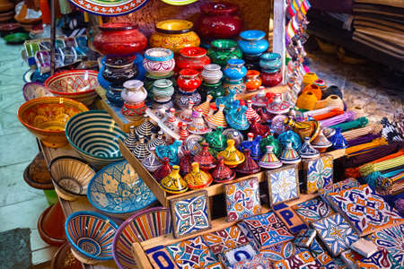 MARRAKESH, MOROCCO - JUNE 04, 2017: The colorful tagine pots in the market place in the medina of Marrakesh on a sunny day.のeditorial素材
