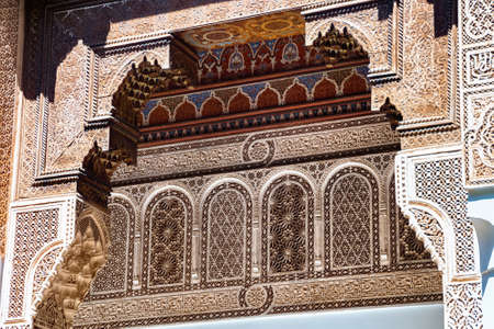 MARRAKESH, MOROCCO - JUNE 05, 2017: Decorated wall in the Bahia Palace. Is a late 19th century...