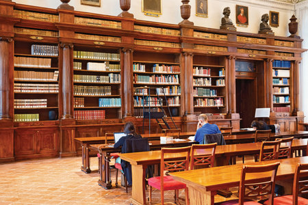 BERGAMO, ITALY - MAY 22, 2019: Central hall in famous Bergamo library Biblioteca Civica Angelo Mai.のeditorial素材