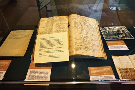 BERGAMO, ITALY - MAY 22, 2019: Ancient italian books in famous Bergamo library Biblioteca Civica...