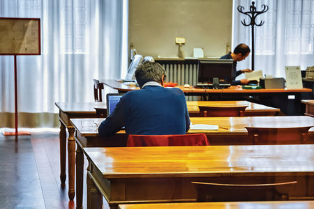 BERGAMO, ITALY - MAY 22, 2019: One of the rooms in the famous Bergamo library Biblioteca Civica Angelo Mai.のeditorial素材