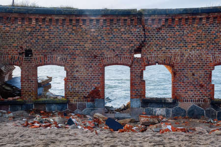 Ruins of the Western Fort on the Baltic Sea coast of the Vistula Spit. The Fort was built in 1869-1871, as part of the complex of fortifications of the Pillau fortress city (now known as Baltiysk).の写真素材