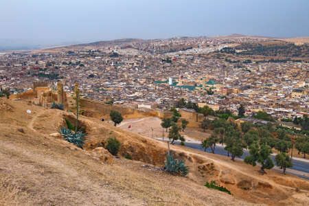 Aerial view of the Fez el Bali medina. Is the oldest walled part of Fez, Morocco. Fes el Bali was founded as the capital of the Idrisid dynasty between 789 and 808 ADの写真素材