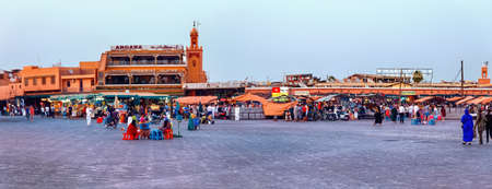 MARRAKESH, MOROCCO - JUNE 03, 2017: Evening in the famous Jemaa el-Fnaa square (also Jemaa el-Fna, Djema el-Fna, or Djemaa el-Fnaa). It is a square and marketplace in the medina, popular by tourists.のeditorial素材