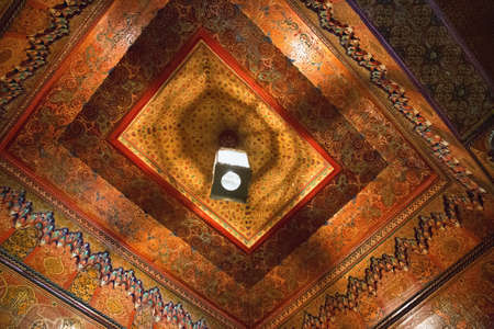 MARRAKESH, MOROCCO - JUNE 05, 2017: Decorated ceiling in the The Bahia Palace. Is a late 19th century palace in Marrakesh. Today it is a well-known historic monument and tourist attraction in the cityのeditorial素材