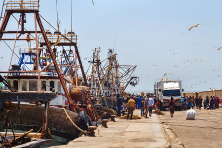 ESSAOUIRA, MOROCCO - JUNE 09, 2017: View of the old fishing ships moored in the harbor of the Essaouira.のeditorial素材