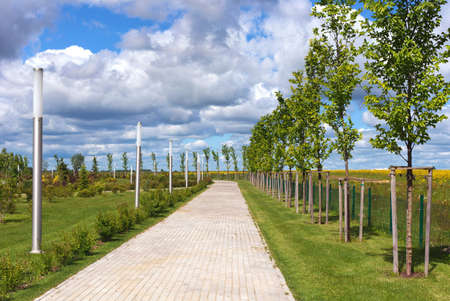 View of the pathway in the park in Gusev town in the Kaliningrad region, Russiaの写真素材