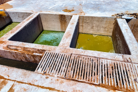 Old vats with a dye in the Marrakesh tannery. Morocco.の写真素材