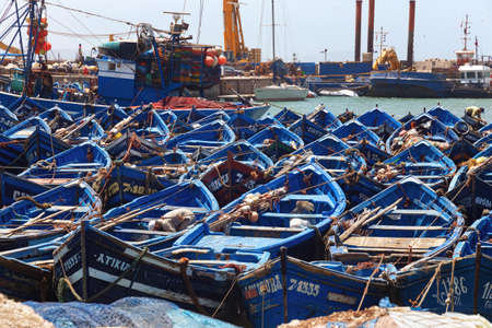 ESSAOUIRA, MOROCCO - JUNE 09, 2017: Famous fishing wooden blue boats moored in harbor of the Essaouira.のeditorial素材