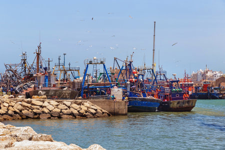 ESSAOUIRA, MOROCCO - JUNE 09, 2017: View of the old fishing ships moored in the harbor of the Essaouira.のeditorial素材