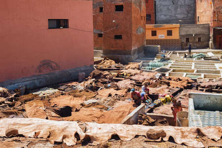 MARRAKESH, MOROCCO - JUNE 04, 2017: View of the old tannery in Marrakech on a sunny day.のeditorial素材