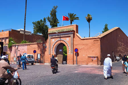 MARRAKESH, MOROCCO - JUNE 05, 2017: View of the red historical gate to the Palais Bahia in the Marrakesh on a sunny day.のeditorial素材