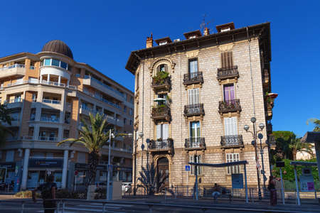 CANNES, FRANCE - JUNE 19, 2017: Old historic buildings in the city center of Cannes on the Bd Carnot street.のeditorial素材