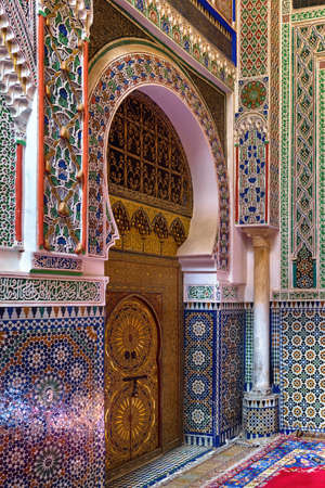FEZ, MOROCCO - JUNE 02, 2017: One of the doors of the mausoleum of Moulay Idris II (with the tomb of Idris II, who ruled Morocco from 807 to 828 and is considered the main founder of the city of Fes).のeditorial素材