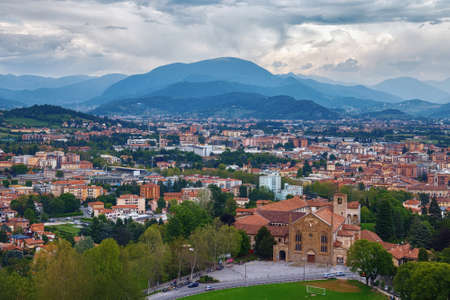 BERGAMO, ITALY - MAY 22, 2019: Aerial panoramic view of the Bergamo, with view of the Bergamo University (former Saint Augustin church).のeditorial素材