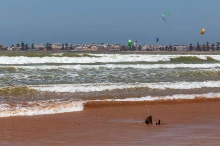ESSAOUIRA, MOROCCO - JUNE 10, 2017: View of the Atlantic ocean coast and water sport activities in the Essaouira.のeditorial素材