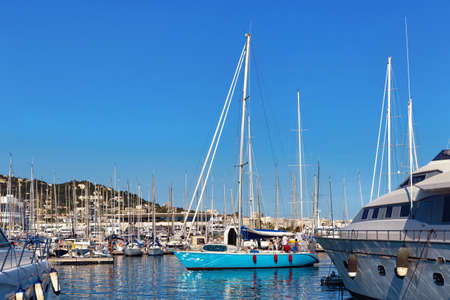 CANNES, FRANCE - JUNE 19, 2017: View of the some of the sail yachts moored in the port of Cannes.のeditorial素材