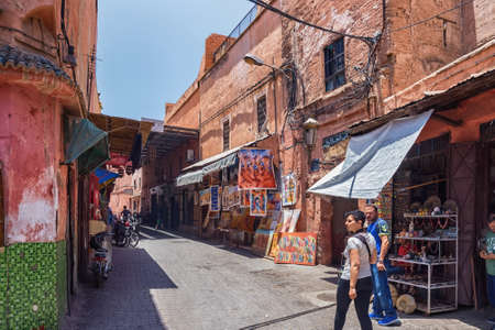 MARRAKESH, MOROCCO - JUNE 04, 2017: View of the historical narrow streets in the medina of Marrakesh...
