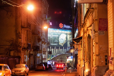 KYIV, UKRAINE - JANUARY 06, 2014: Night view of the old buildings in the historical center of Kyiv.のeditorial素材