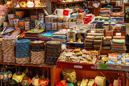 ISTANBUL, TURKEY - JULY 05, 2018: Souvenirs in Spice Bazaar (Egyptian Bazaar) in Istanbul. Is one of the largest bazaars in the city. Located in the Eminonu quarter of the Fatih district.のeditorial素材