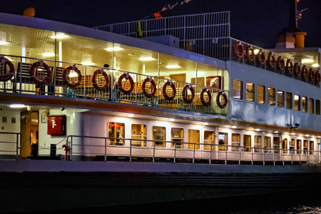 ISTANBUL, TURKEY - JULY 05, 2018: Night view of the old historic cruise vessel Ahmet Hulusi Yildirim (built in 1974) on the Eminonu pier in the Golden Horn bay.のeditorial素材