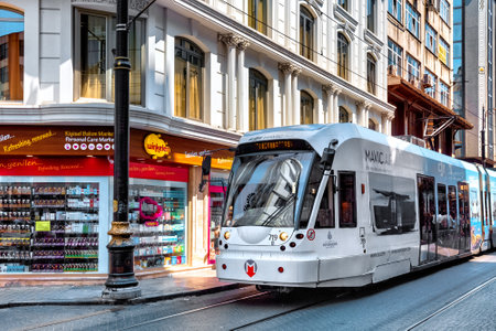 ISTANBUL, TURKEY - JULY 05, 2018: View of the modern Bombardier Flexity Swift A32 tram in the center of the Istanbul.のeditorial素材