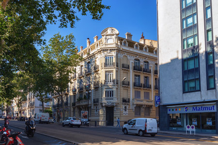 CANNES, FRANCE - JUNE 19, 2017: Old historic buildings in the city center of Cannes on a summer sunny day.のeditorial素材
