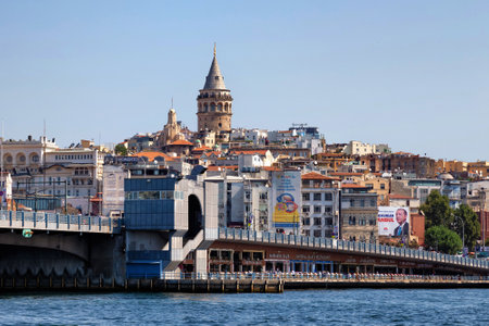 ISTANBUL, TURKEY - JULY 05, 2018: View of one of the most famous landmarks of Istanbul - the Galata Tower and Galata bridgeのeditorial素材